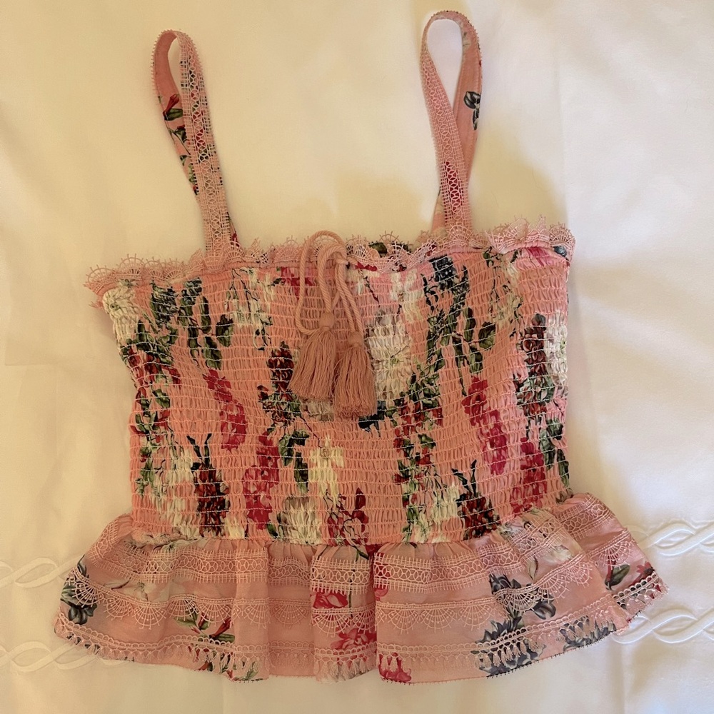 NICHOLAS LACE FRINGE FLORAL CROP TOP SILK COTTON BLEND